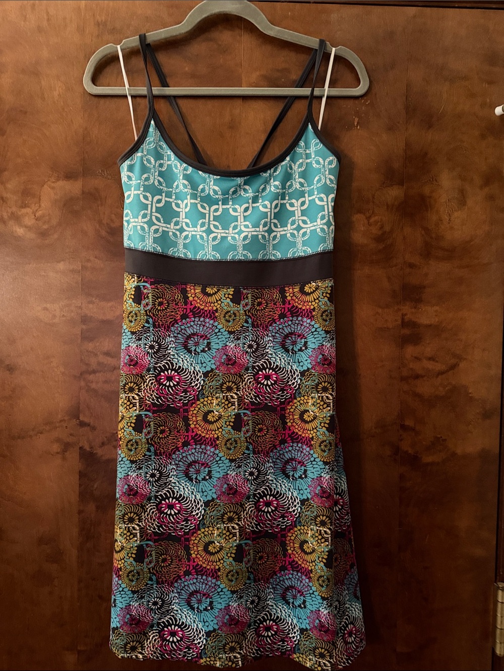 lola Turquoise and Black Strappy Midi Dress with Multicolor Floral Print